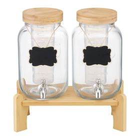VEVOR Beverage Dispenser, 2 Pack 1 Gallon Drink Dispensers for Parties, Glass Juice Dispenser with Wood Stand, Stainless Steel Spigot, Infuser