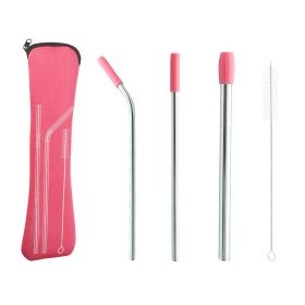 5pcs Set Stainless Steel Straws; Reusable Metal Straws With Silicone Tips; Sturdy Bent Straight Drinks Straw; Food Grade Straw; With 3pcs Straws; (Color: Pink)