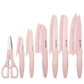 Kitchen Knife Set With Guards, 13 Piece Pink Non-Stick Boxed Knives Set, Anti-Rust And Dishwasher Safe, 6 Knives With 6 Blade Covers And Kitchen (Option: Pink)